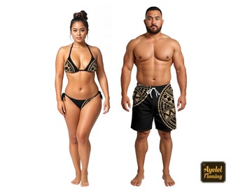 May include: A black and gold patterned swimsuit with a bikini top and matching bottoms. The swimsuit features a geometric design.