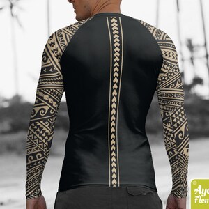 Polynesian mens rash guard surfer shirt - Hawaiian shirt sports wear - Half black tan Samoan tattoo surf shirt - Size XS-3XL image 6