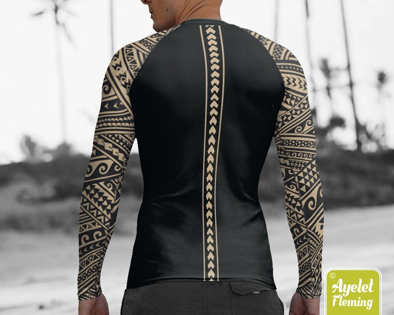 Polynesian mens rash guard surfer shirt - Hawaiian shirt sports wear - Half black tan Samoan tattoo surf shirt - Size XS-3XL image 6