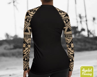 Polynesian rash guard surf shirt - Hawaiian shirt women - Half black tan Samoan tattoo yoga top - Size XS-3XL