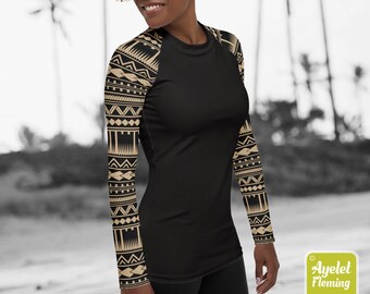 Samoan rash guard surf shirt - Hawaiian shirt women - Black tan Polynesian tattoo yoga top - Size XS-3XL