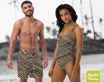 Polynesian one piece swimsuit - Hawaiian mens swim trunks - Black tan Samoan tribal matching swimsuits