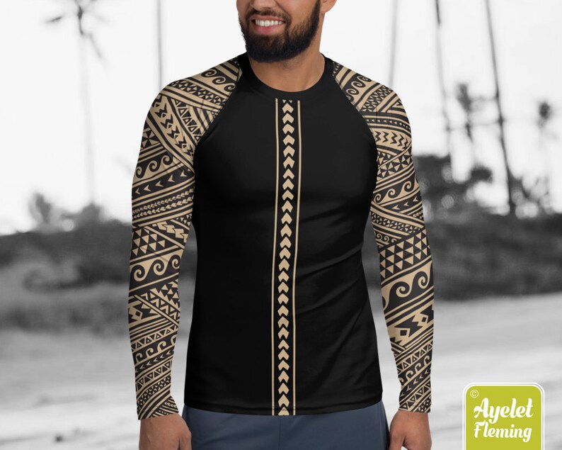 Polynesian mens rash guard surfer shirt - Hawaiian shirt sports wear - Half black tan Samoan tattoo surf shirt - Size XS-3XL image 4