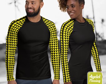 Traje de pareja - Camisa de surfista polinesio - Camisa hawaiana a juego con ropa deportiva de pareja - Camisa de surf con dientes de tiburón samoano amarillo negro