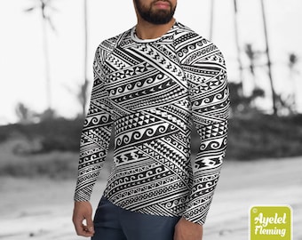 May include: Black and white long-sleeved shirt with a geometric pattern inspired by Polynesian tribal art.