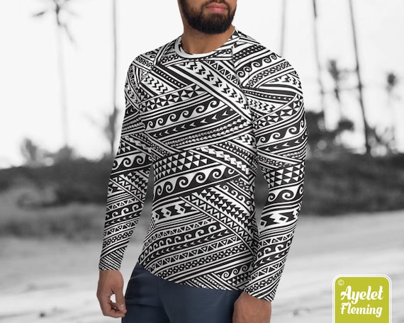 Polynesian tattoo mens rash guard surfer shirt - Hawaiian shirt active wear black white tropical swimwear