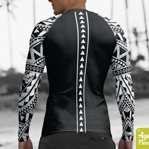 Polynesian mens rash guard surfer shirt Hawaiian shirt sports wear Black white Samoan surf shirt Size XS-3XL image 2