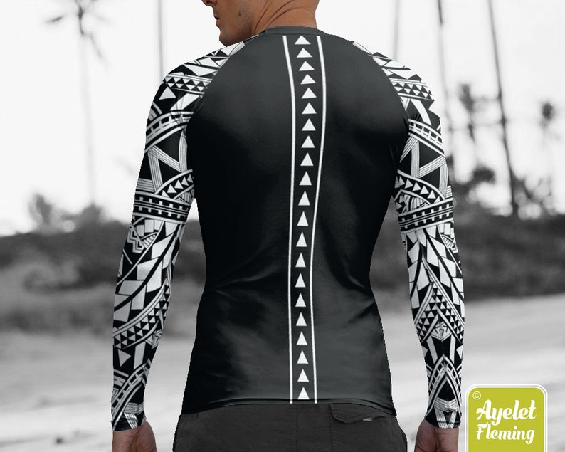 Polynesian mens rash guard surfer shirt Hawaiian shirt sports wear Black white Samoan surf shirt Size XS-3XL image 2