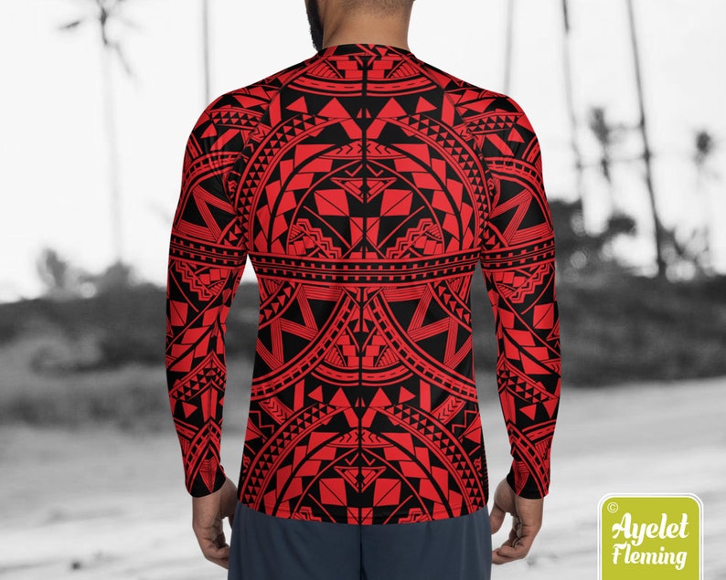 May include: A red and black long-sleeved shirt with a geometric pattern. The pattern is reminiscent of Polynesian tribal art.