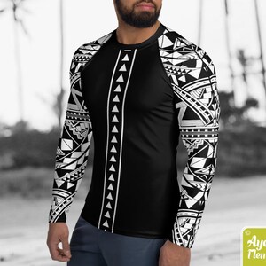 Polynesian mens rash guard surfer shirt Hawaiian shirt sports wear Black white Samoan surf shirt Size XS-3XL image 3