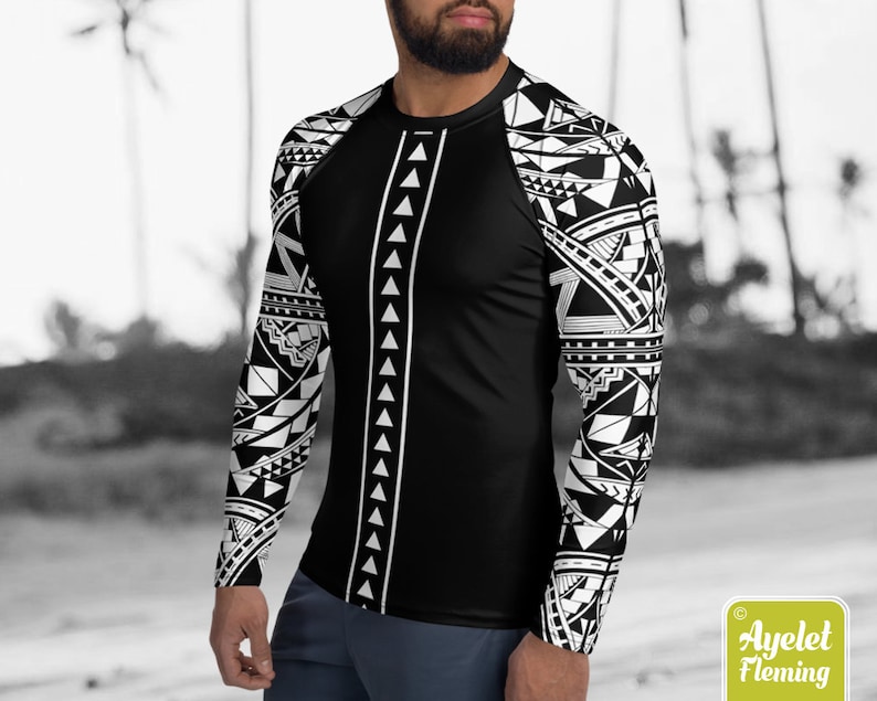 Polynesian mens rash guard surfer shirt Hawaiian shirt sports wear Black white Samoan surf shirt Size XS-3XL image 3