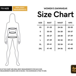 May include: Size chart for women's swimwear with bust, waist, and hip measurements in inches. Sizes range from XS to 2XL.