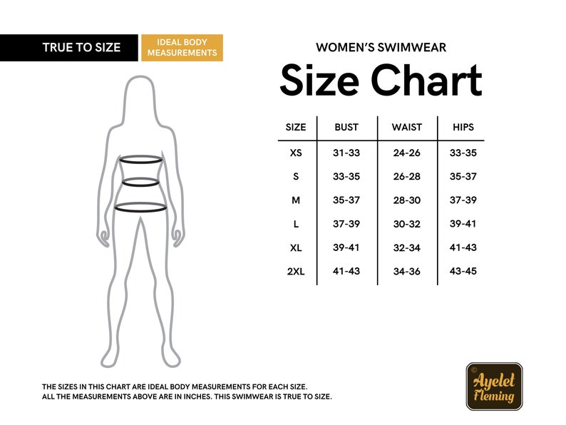 May include: Size chart for women's swimwear with bust, waist, and hip measurements in inches. Sizes range from XS to 2XL.
