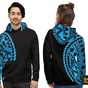 Polynesian matching hoodies sport wear - Polynesian tribal unisex one piece hoodie cyan black couple outfit