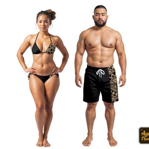Bijpassende Hawaiiaanse badpakken - Quarter black tan zwembroek heren, designerbikini, badpak en Hawaiiaanse pareo