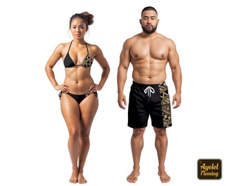 May include: A black bikini top and bottom with gold patterned trim. A pair of black swim trunks with a gold patterned side panel.