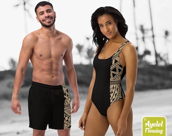 Polynesian one piece swimsuit - Hawaiian mens swim trunks - Side stripe black tan Samoan tribal matching swimsuits
