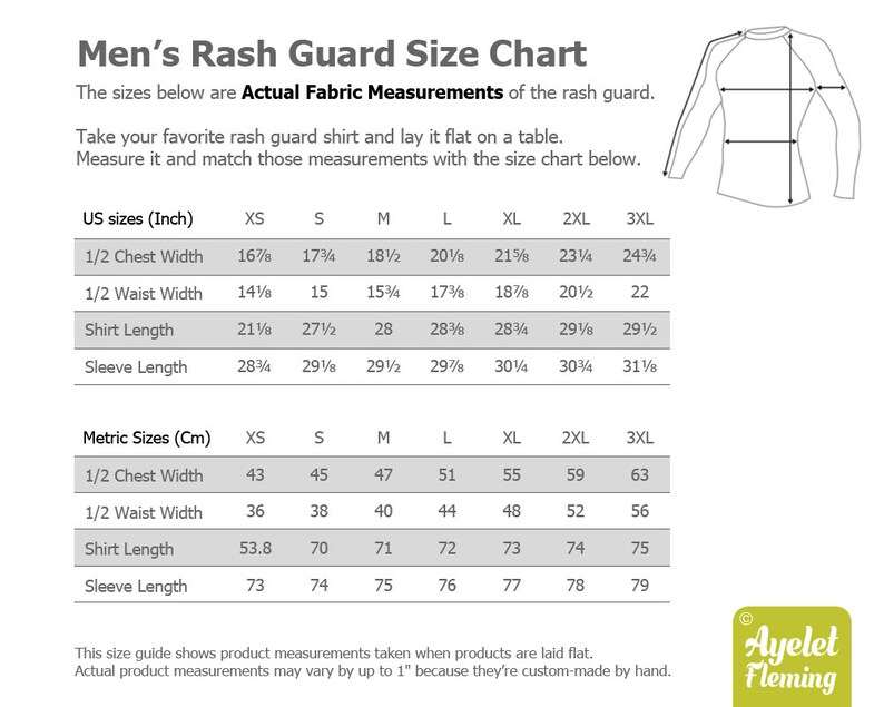 May include: Size chart for rash guards in US inches and metric centimeters. The chart shows measurements for chest width, waist width, shirt length, and sleeve length for sizes XS to 3XL.