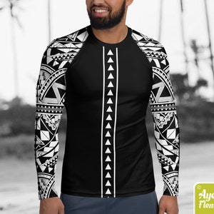 Polynesian mens rash guard surfer shirt Hawaiian shirt sports wear Black white Samoan surf shirt Size XS-3XL image 6