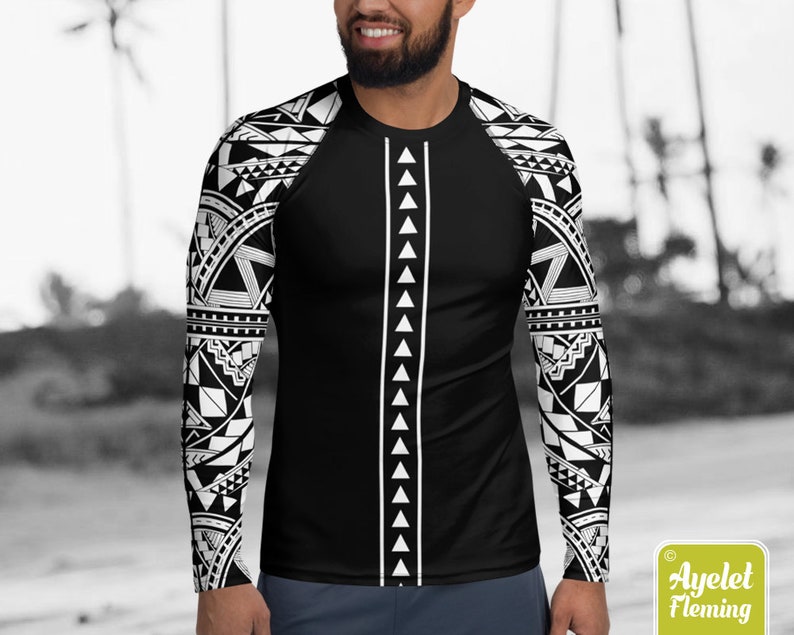 Polynesian mens rash guard surfer shirt Hawaiian shirt sports wear Black white Samoan surf shirt Size XS-3XL image 6