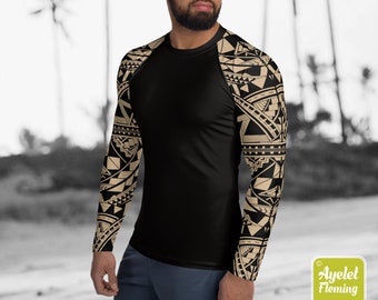 Polynesian mens rash guard surfer shirt - Hawaiian shirt sports wear - Black tan Samoan surf shirt - Size XS-3XL