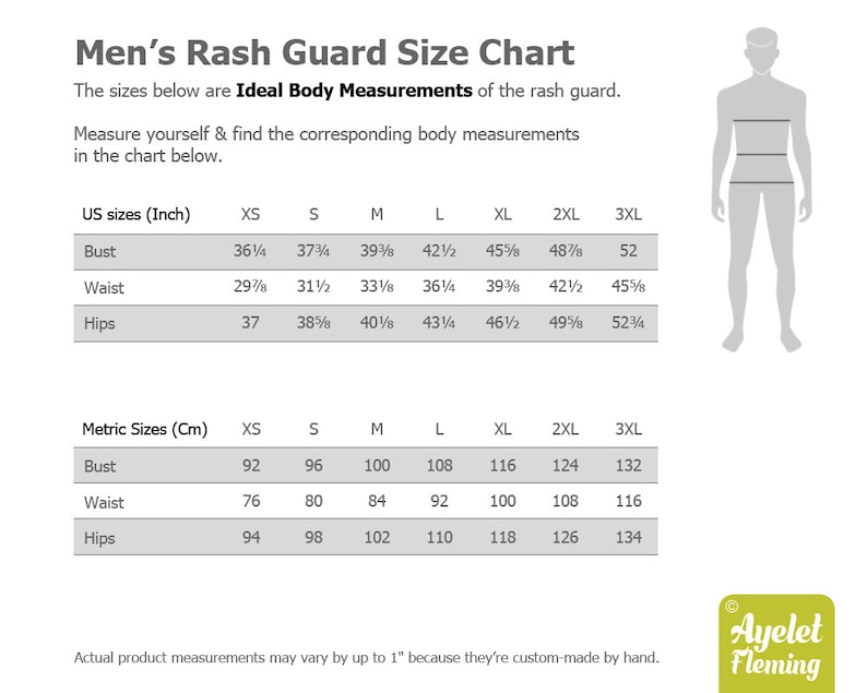Pu&ograve; includere: Tabella delle taglie per rash guard, che mostra le misure in pollici e centimetri per busto, vita e fianchi. La tabella include le taglie dalla XS alla 3XL.