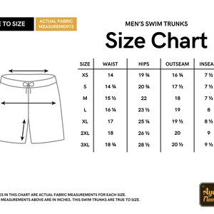 May include: Size chart for swim trunks with measurements in inches for waist, hips, outseam, and inseam. Sizes range from XS to 3XL.
