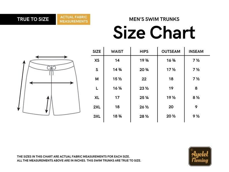 May include: Size chart for swim trunks with measurements in inches for waist, hips, outseam, and inseam. Sizes range from XS to 3XL.