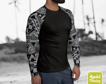 Polynesian mens rash guard surfer shirt - Hawaiian shirt sports wear - Half black gray Samoan surf shirt - Size XS-3XL
