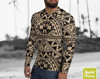 May include: Long-sleeve shirt with a geometric black and tan pattern. The shirt features a crew neck and a tight fit. The design is a repeating pattern of triangles, lines, and shapes. The shirt is made of a stretchy material.