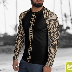 Polynesian mens rash guard surfer shirt - Hawaiian shirt sports wear - Half black tan Samoan tattoo surf shirt - Size XS-3XL image 1