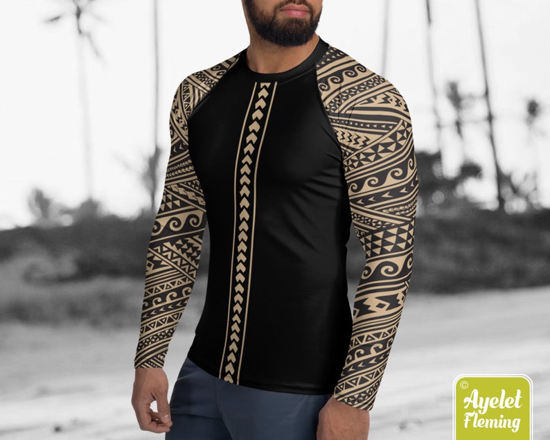 Polynesian mens rash guard surfer shirt - Hawaiian shirt sports wear - Half black tan Samoan tattoo surf shirt - Size XS-3XL image 1