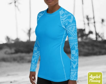 Polynesian rash guard surf shirt - Hawaiian shirt women - Half shades of light blue Samoan tattoo yoga top - Size XS-3XL