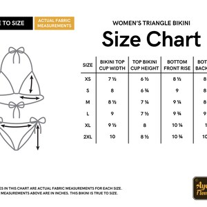 May include: A size chart for a triangle bikini with measurements in inches for the cup width, cup height, front rise, and back rise. The sizes range from XS to 2XL.