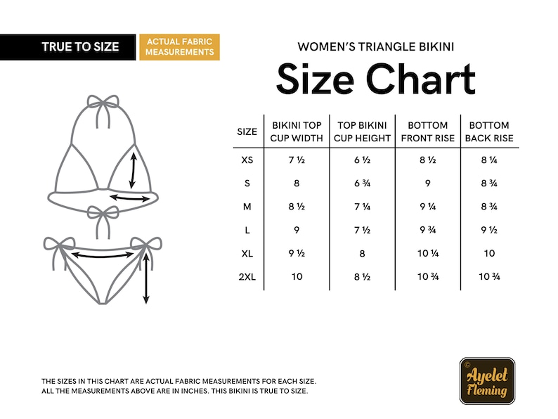 May include: A size chart for a triangle bikini with measurements in inches for the cup width, cup height, front rise, and back rise. The sizes range from XS to 2XL.