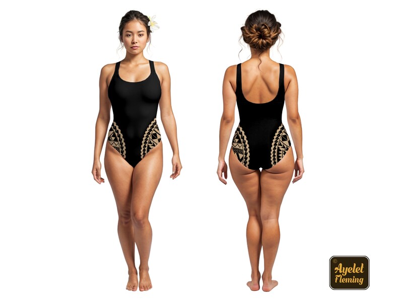 May include: A black one-piece swimsuit with a gold geometric pattern on the sides. The swimsuit has a scoop neck and a racerback style.