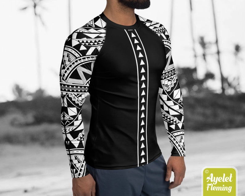 Polynesian mens rash guard surfer shirt Hawaiian shirt sports wear Black white Samoan surf shirt Size XS-3XL image 5