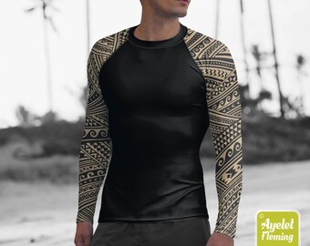 Polynesian mens rash guard surfer shirt - Hawaiian shirt sports wear - Half black tan Samoan tattoo surf shirt - Size XS-3XL