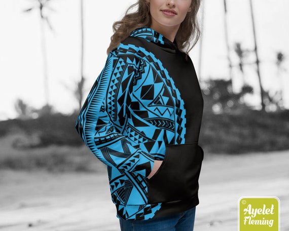 AyeletsStore Polynesian Unisex Matching Hoodies - Sportwear Hawaiian Shirt - One Sleeve Design Black Cyan Samoan Couple Hoodies - Size XS-3XL