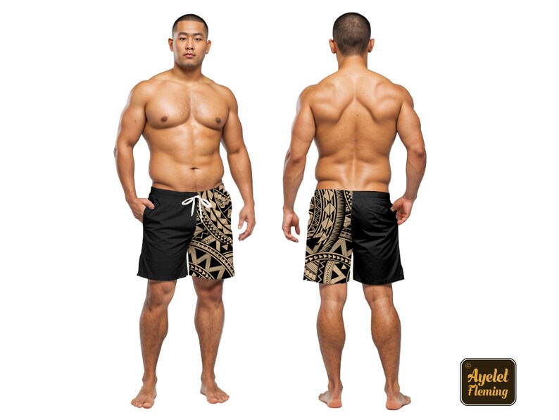May include: A person wearing black swim trunks with a gold tribal pattern on the side. The trunks have a white drawstring.