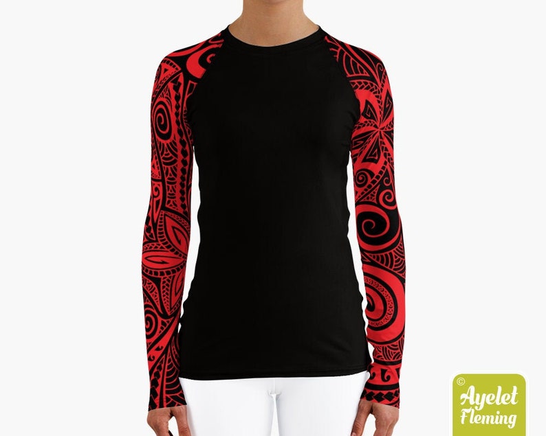 Polynesian rash guard women Hawaiian shirt women Black red Etsy