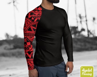 Polynesian mens rash guard surfer shirt - Hawaiian shirt sports wear - One sleeve black red Samoan surf shirt - Size XS-3XL