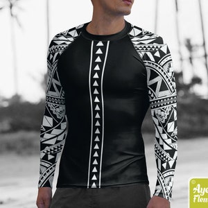 Polynesian mens rash guard surfer shirt Hawaiian shirt sports wear Black white Samoan surf shirt Size XS-3XL image 1