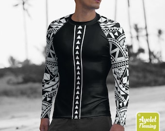 Polynesian mens rash guard surfer shirt - Hawaiian shirt sports wear - Black white Samoan surf shirt - Size XS-3XL