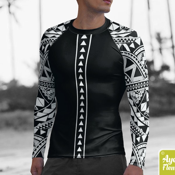 Polynesian mens rash guard surfer shirt - Hawaiian shirt sports wear - Black white Samoan surf shirt - Size XS-3XL