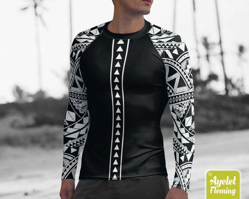 Polynesian mens rash guard surfer shirt Hawaiian shirt sports wear Black white Samoan surf shirt Size XS-3XL image 1