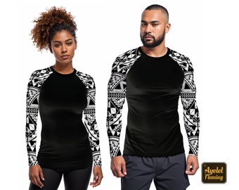 May include: Black long-sleeve shirt with a white geometric pattern on the sleeves. The shirt is shown on two models.
