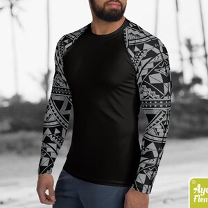 Polynesian mens rash guard surfer shirt - Hawaiian shirt sports wear - Half black gray Samoan surf shirt - Size XS-3XL image 2