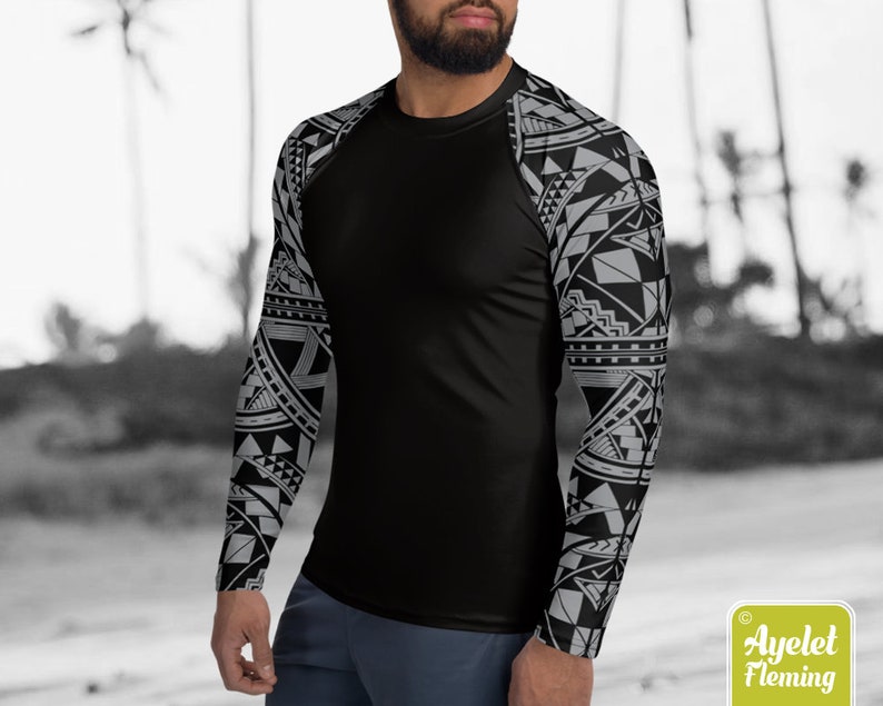 Polynesian mens rash guard surfer shirt - Hawaiian shirt sports wear - Half black gray Samoan surf shirt - Size XS-3XL image 2