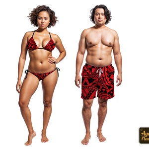 Polynesische kleding, bijpassende badkleding - Zwartrode herenzwemshorts, designerbikini en zwemkleding